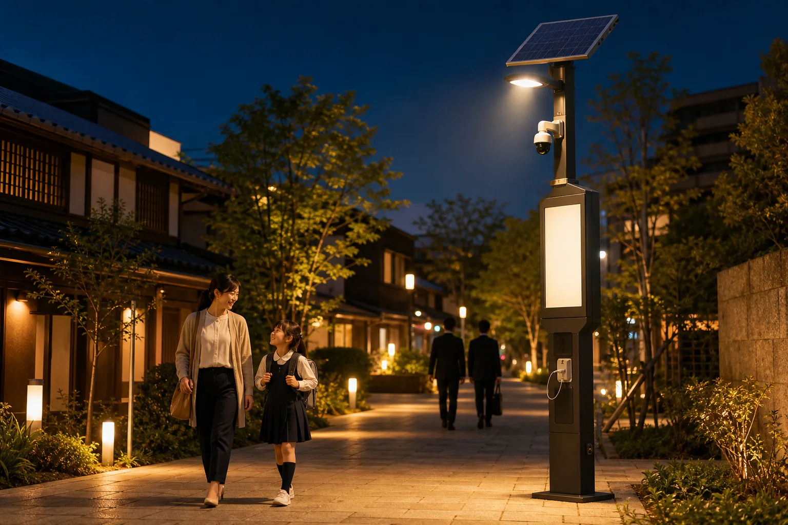Migration Lightが設置された通学路のイメージ。母娘が街灯の明かりの下を歩いている
