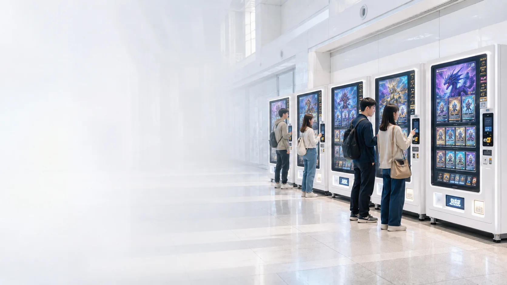 全国の大型商業施設・駅構内に並ぶトレーディングカード自販機と、画面を見て検討する来店客
